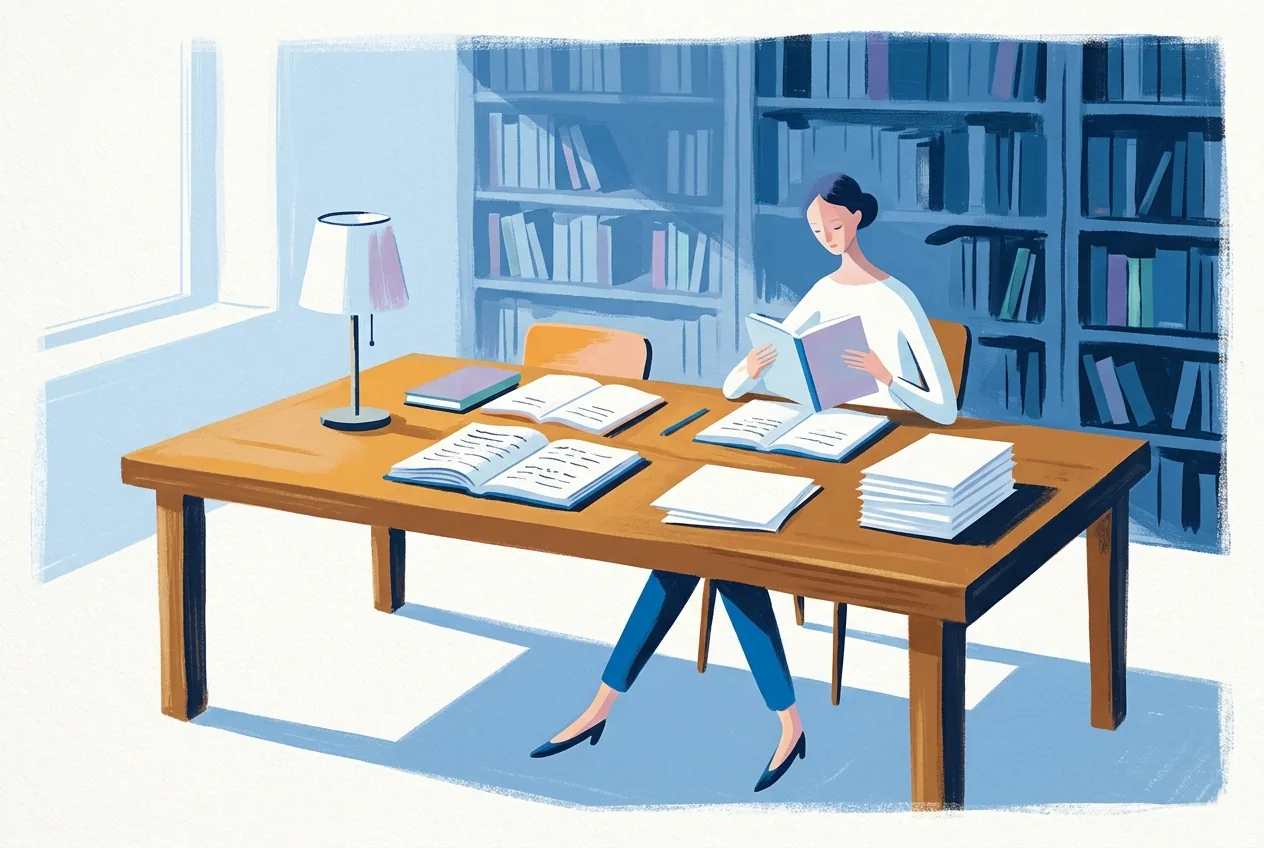 A painted study has open notebooks, papers under a lamp, bookshelves in blue shadow, and a person reading at the far end.