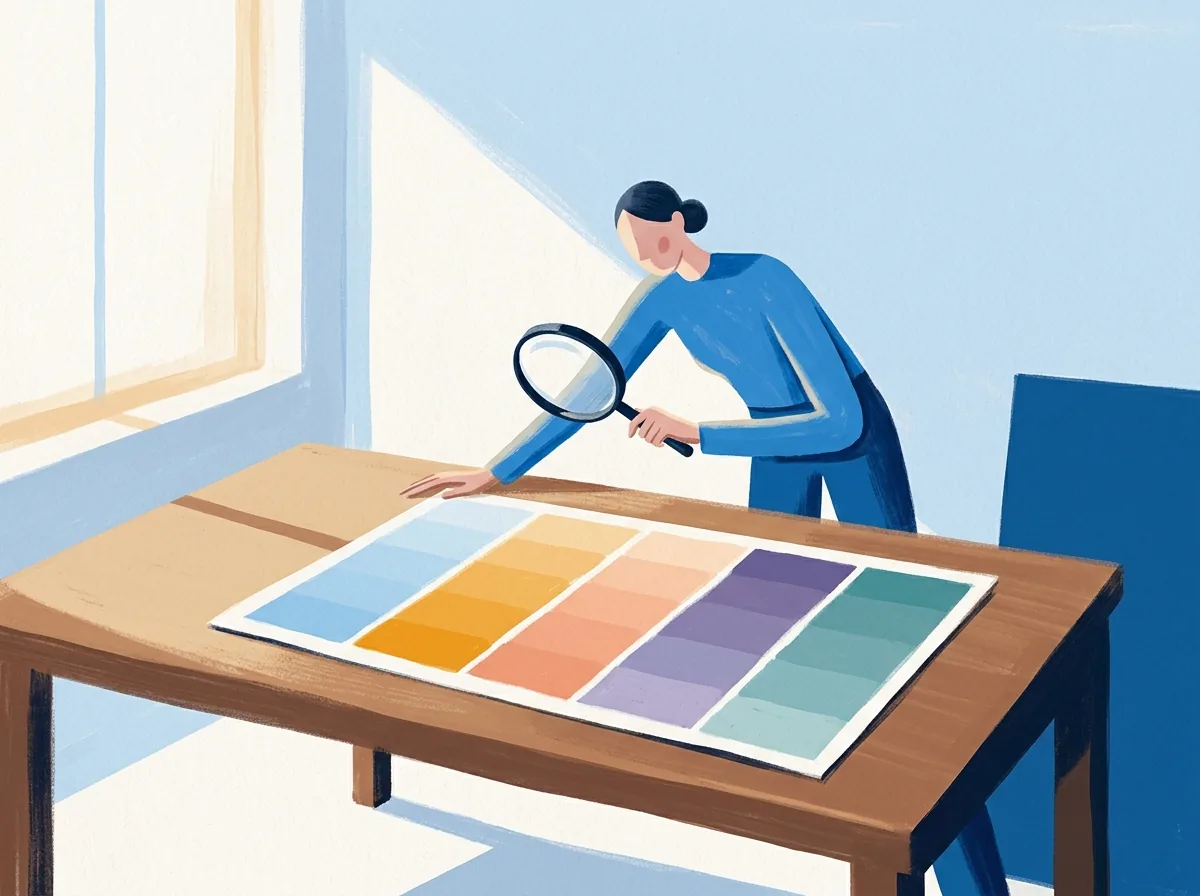 A person in a blue sweater leans over a wooden table in a sunlit room, looking through a round magnifying glass at a sheet of color swatches in five columns of light blue, yellow, peach, purple, and teal shades.