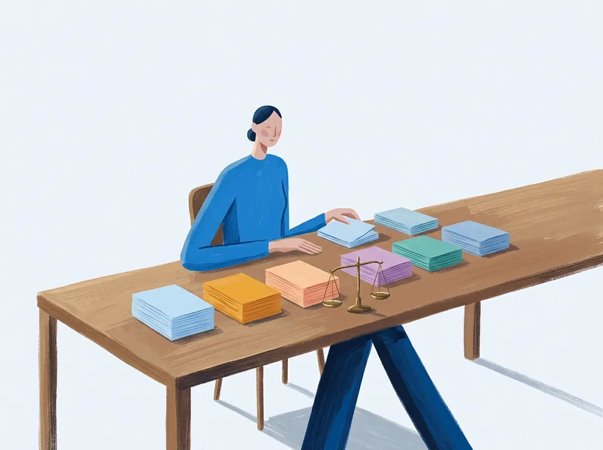 A woman in a blue sweater sorts neat stacks of pastel cards across a long wooden table beside a brass balance scale.