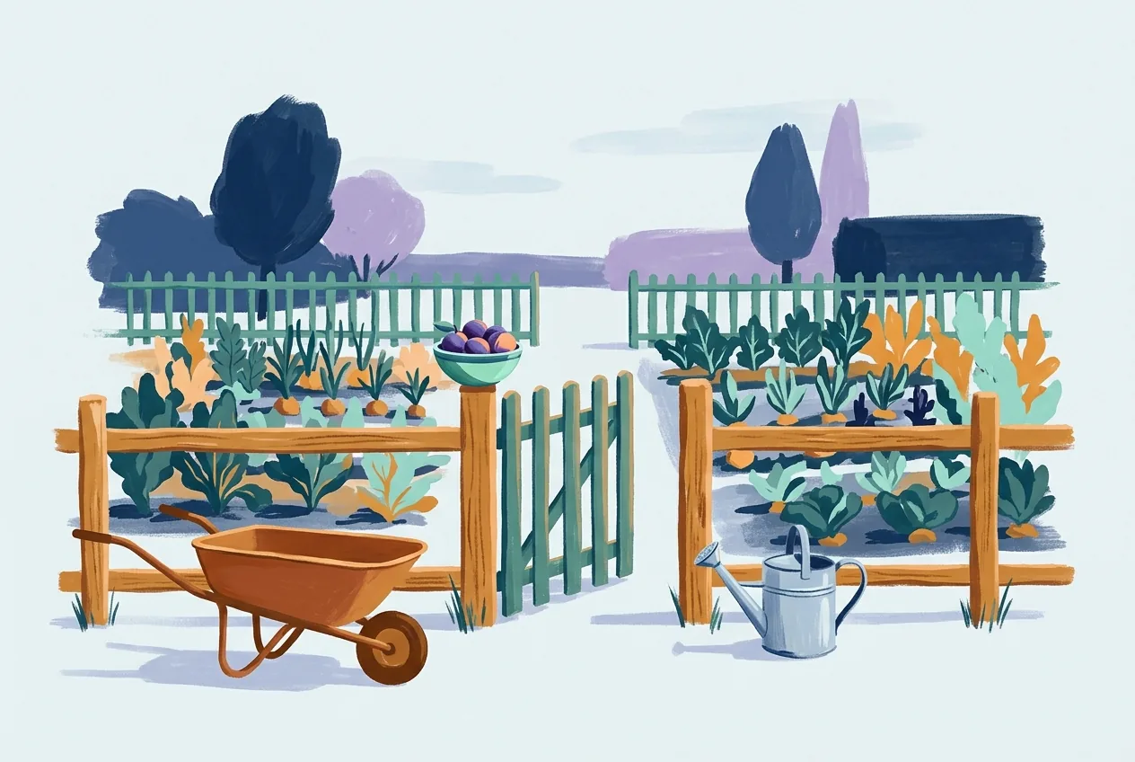An open gate divides two planted garden plots, with a bowl of plums on one post, a wheelbarrow, and a watering can.