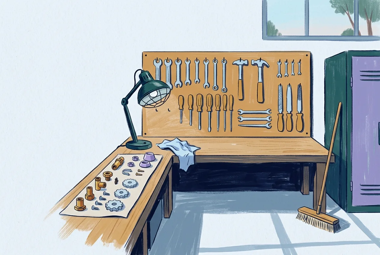 A swept bench stands below a tool board, with tools lined by size, a broom in the corner, and parts in a row.