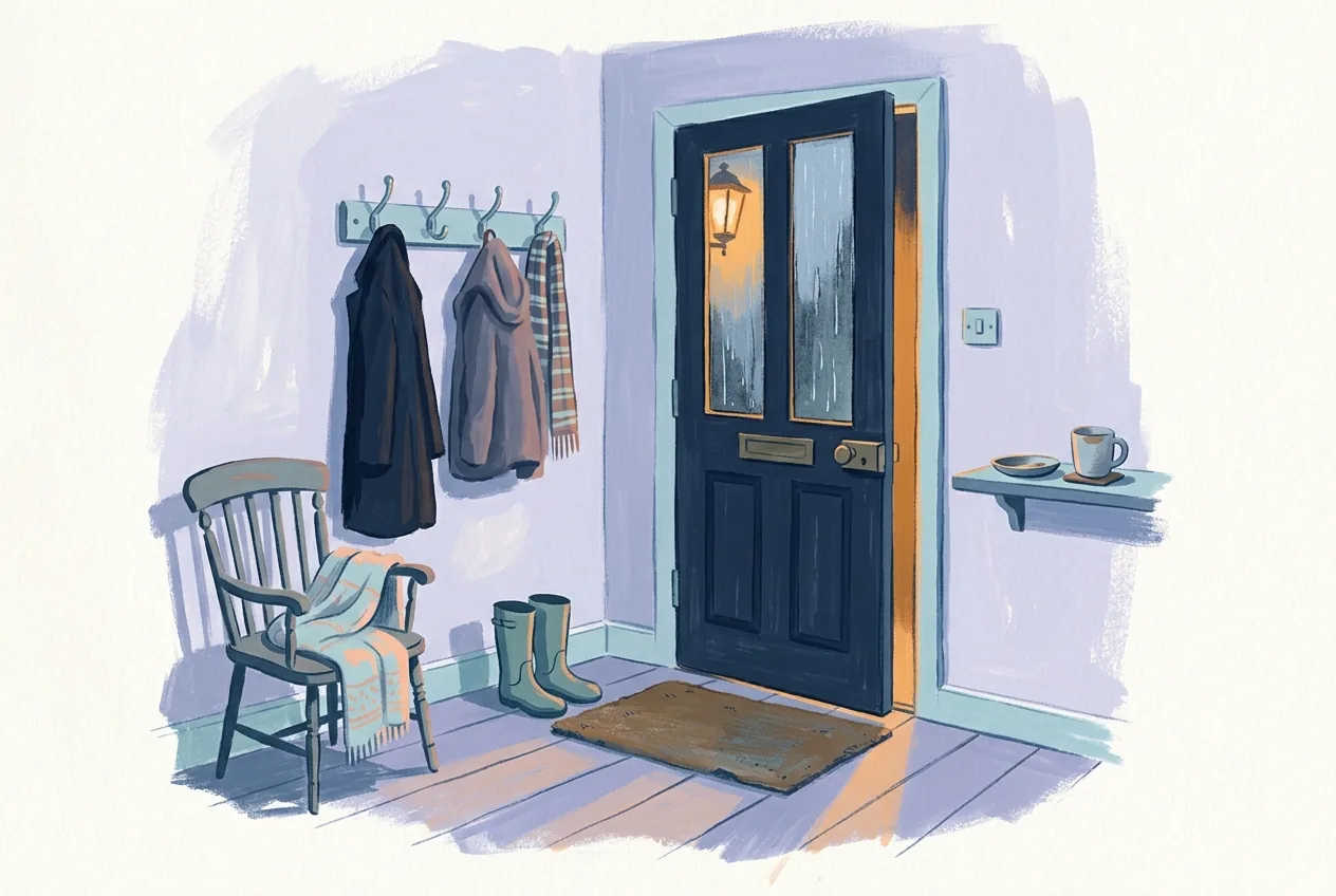 An ajar front door lets porch light fall across wet floorboards, beside a full coat rack, an empty hook, a blanket, and a mug.