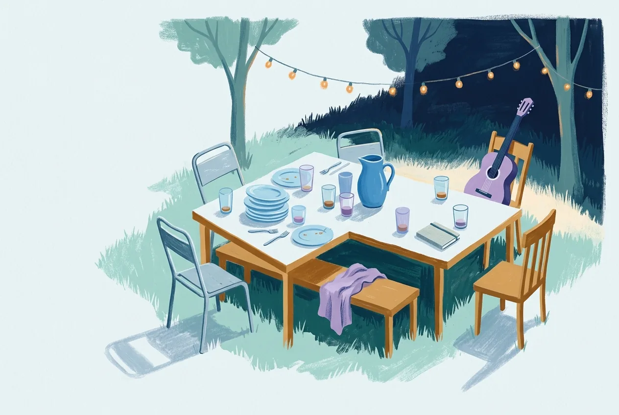 A long garden table under string lights holds scattered chairs, stacked plates, glasses, a jug, and a guitar leaning against one chair.
