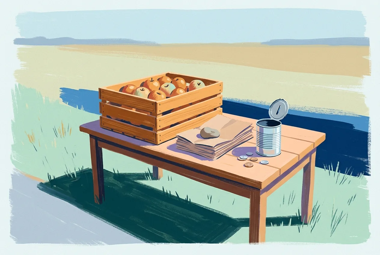 A wooden table at an unattended roadside produce stall holds apples, folded paper bags, a stone, and coins beside an open tin.