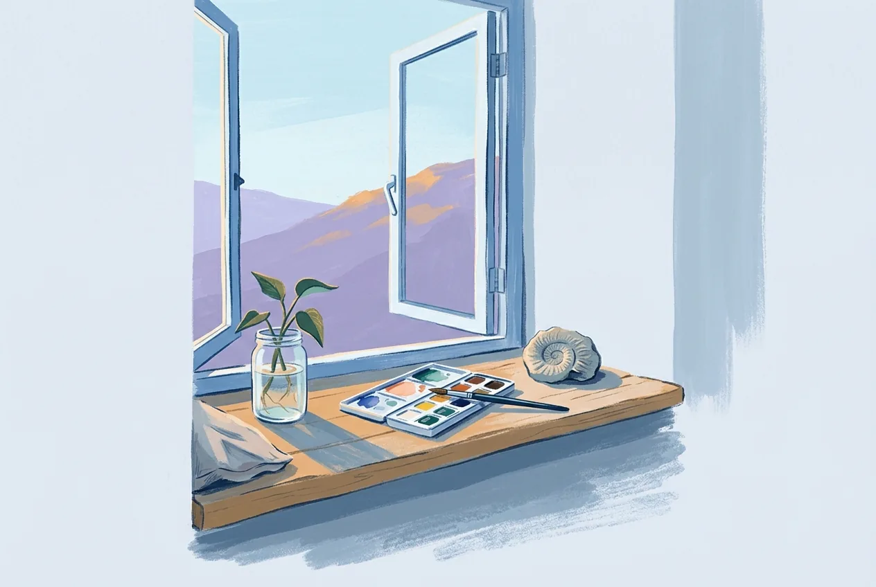 A wide window opens onto a hillside above a sill holding a plant cutting in water, a paintbrush, and a fist-sized fossil.