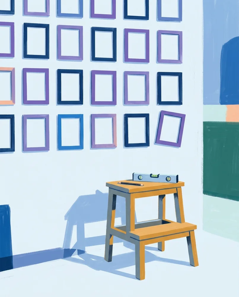 A grid of empty paper frames fills a hallway wall, with one crooked frame above a step stool holding a pencil and level.