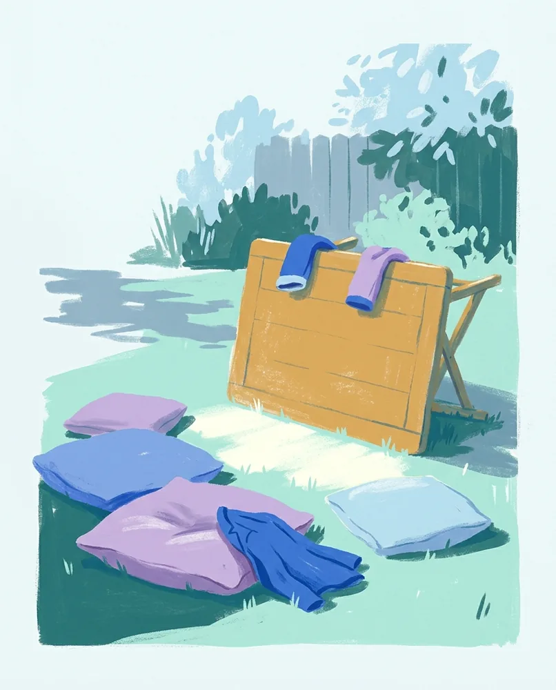 Two empty sock puppets slump over a backyard table, with three cushions on the grass and a jacket draped across one.