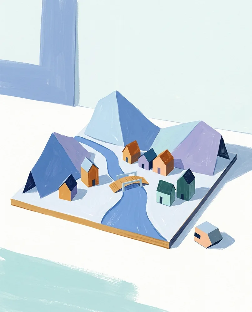 A tabletop scene has folded paper hills, a blue paper river, tiny houses, and a card bridge, with one house tipped over.