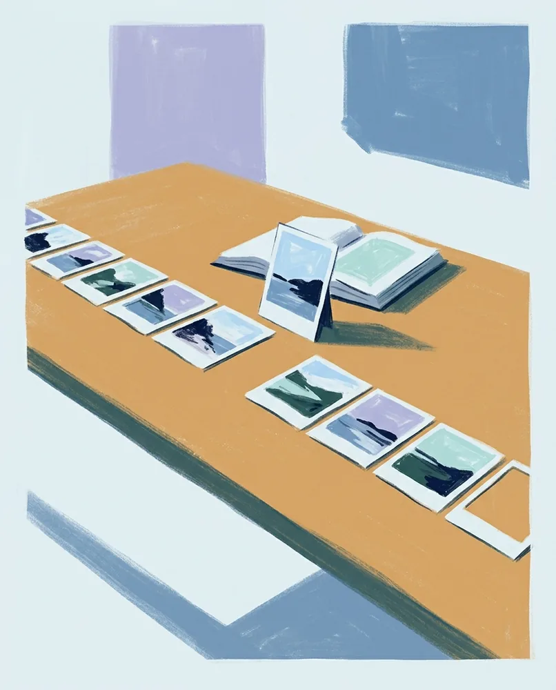 Photographic prints form a row across a kitchen table, with one propped against a book and two gaps remaining.