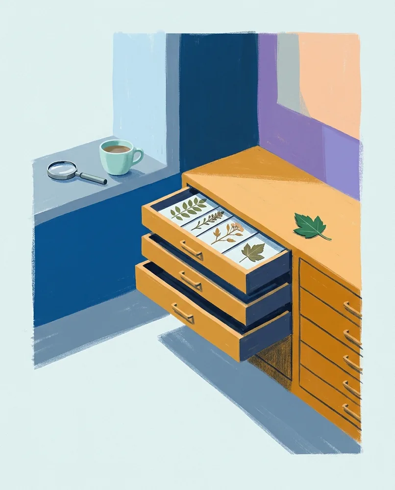 Three shallow drawers hold rows of pressed leaves, with a fresh leaf, hand lens, and cup of tea nearby.