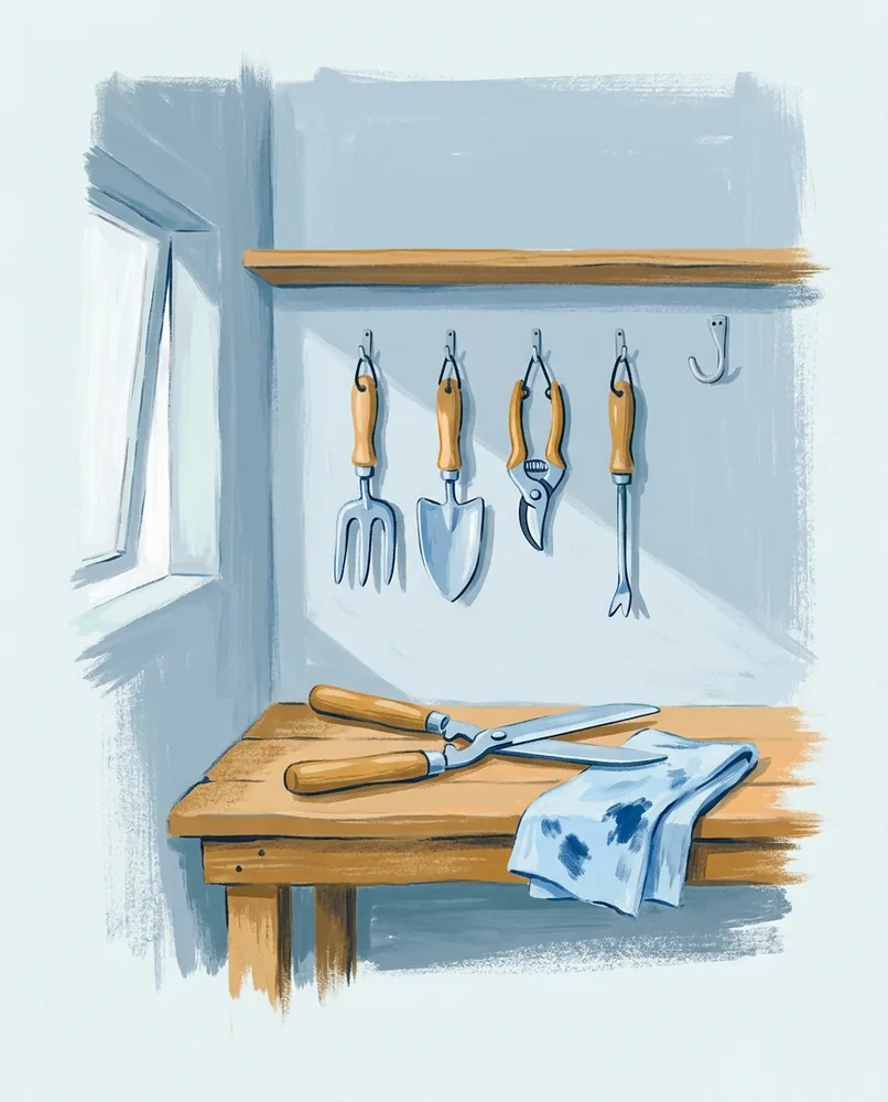 Garden tools hang in size order on a shed wall above oiled shears, with one empty hook and light through a window.