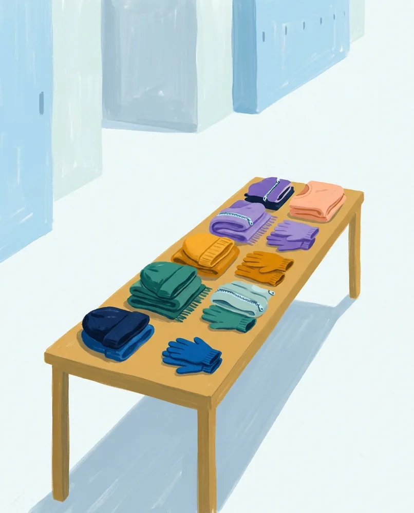 Hats, scarves, and gloves sit in tidy color groups on a lost-and-found table, with a blue glove atop its pair.