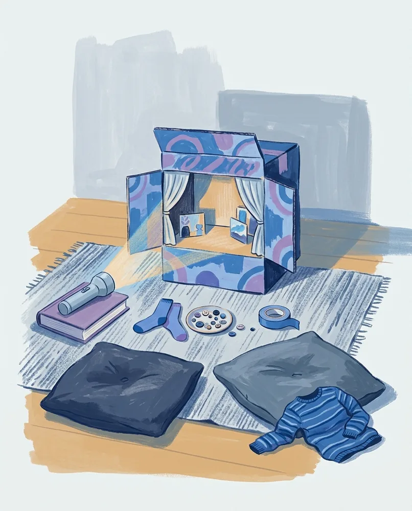 A cardboard puppet theater with its curtain open faces two cushions, while socks, buttons, tape, and a flashlight lie on the rug.