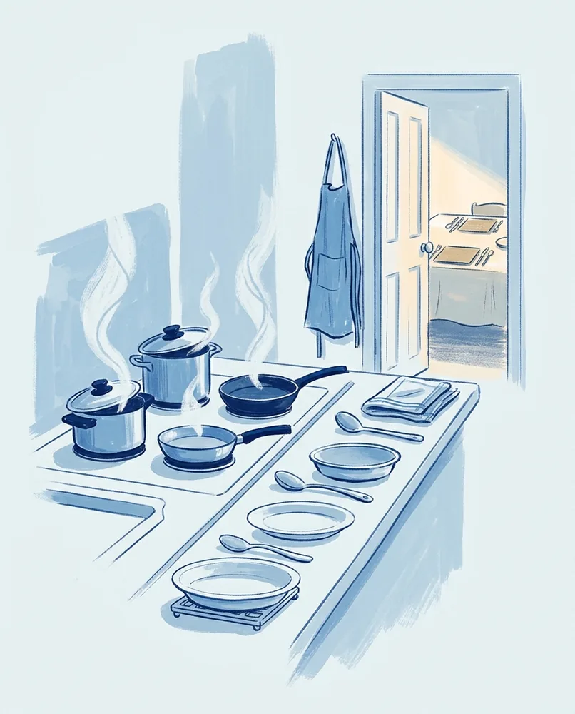 Three steaming pans and ordered serving dishes fill a kitchen counter beside a folded cloth and an open door.