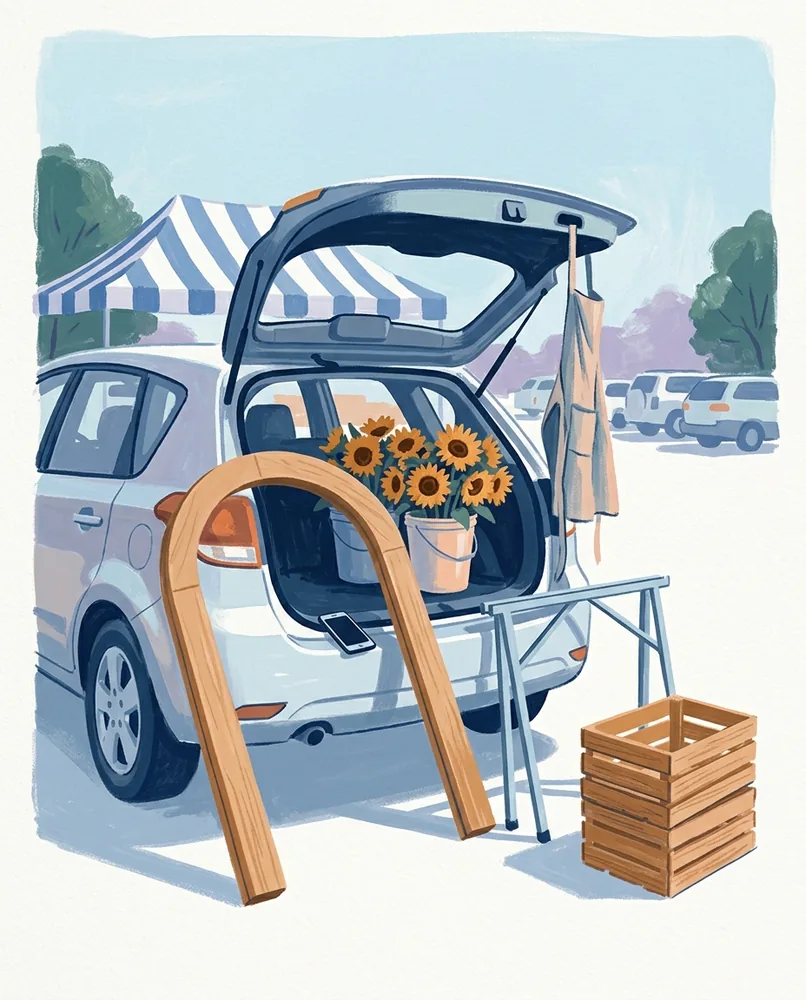 An open car hatch holds sunflower buckets and a tipped wooden arch, with empty crates, a folded trestle, and a canopy nearby.
