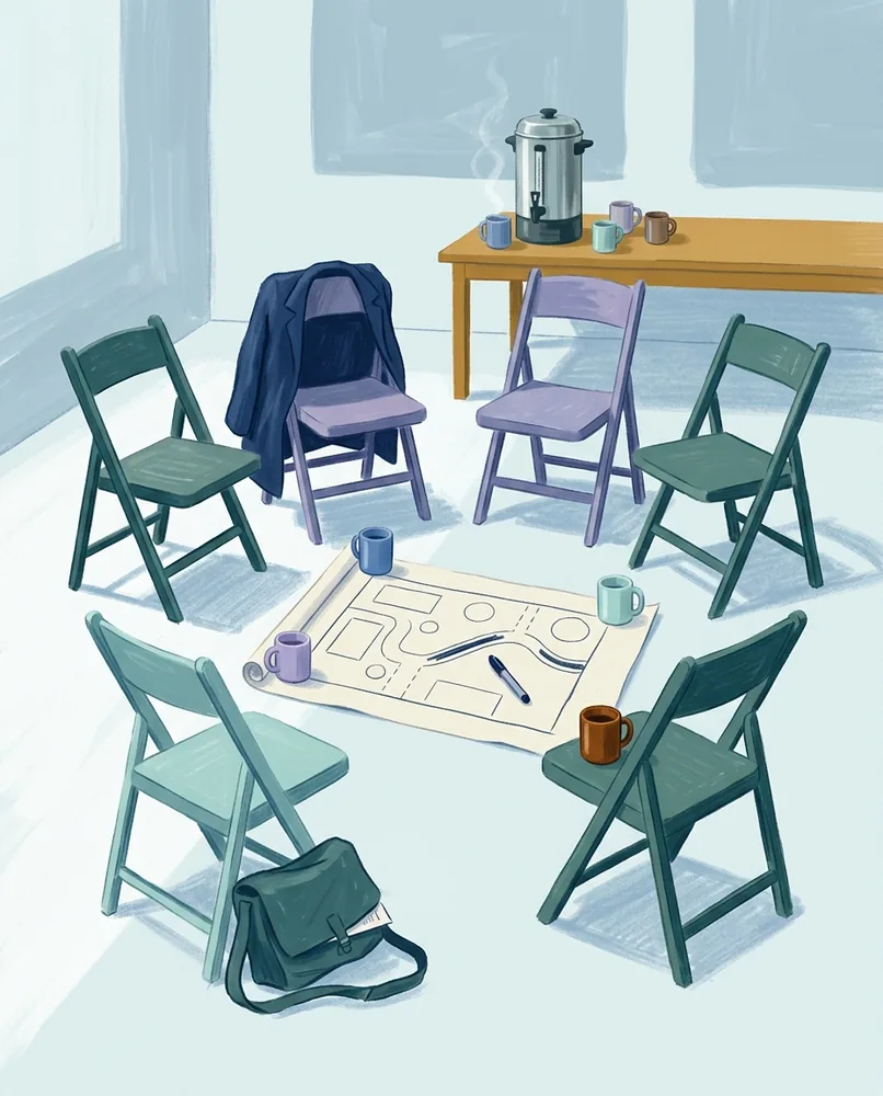 A hand-drawn plan stretches across two chairs, surrounded by unevenly pushed-back chairs, mugs, a marker, an open bag, and a coffee urn.