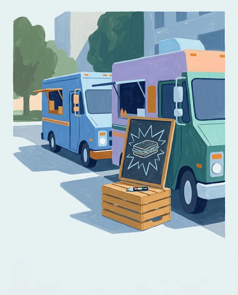 Two food trucks flank a chalkboard on a wooden crate, marked with a starburst around a sandwich and a marker beside it.