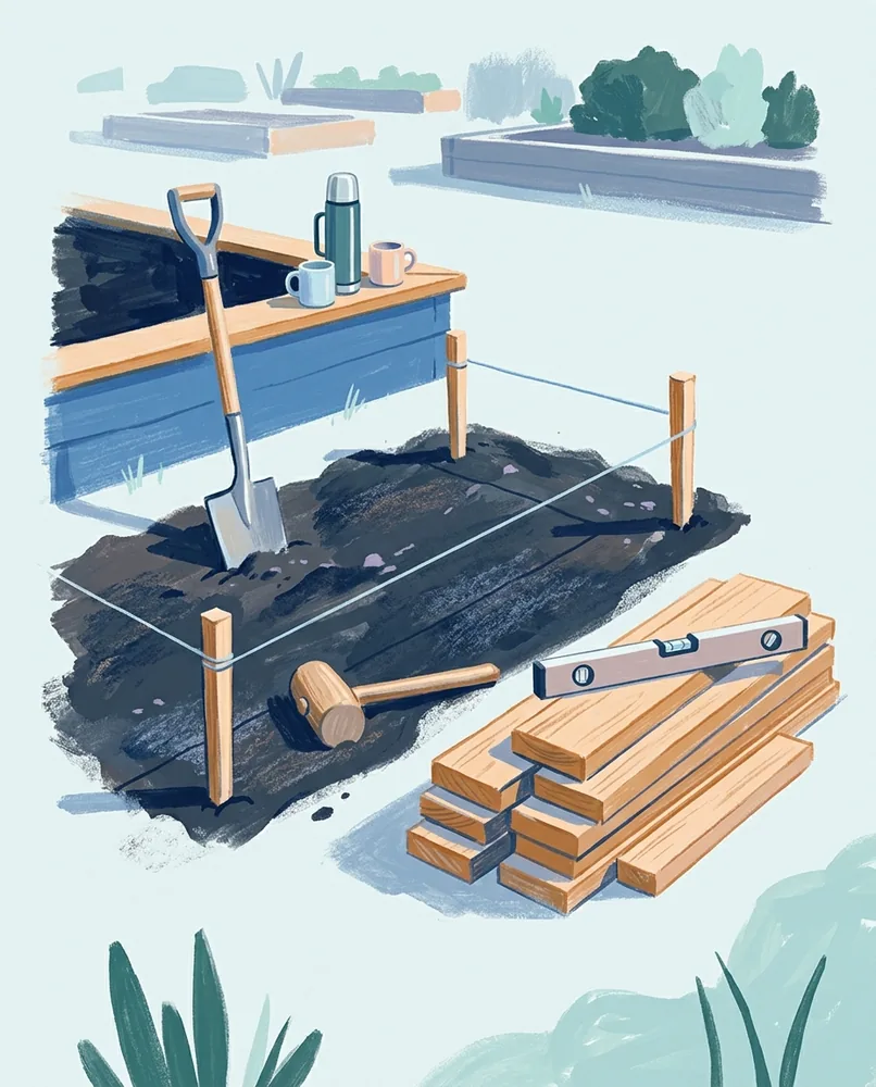 A taut string marks bare garden soil beside a dropped mallet, an upright spade, stacked planks, and two mugs.