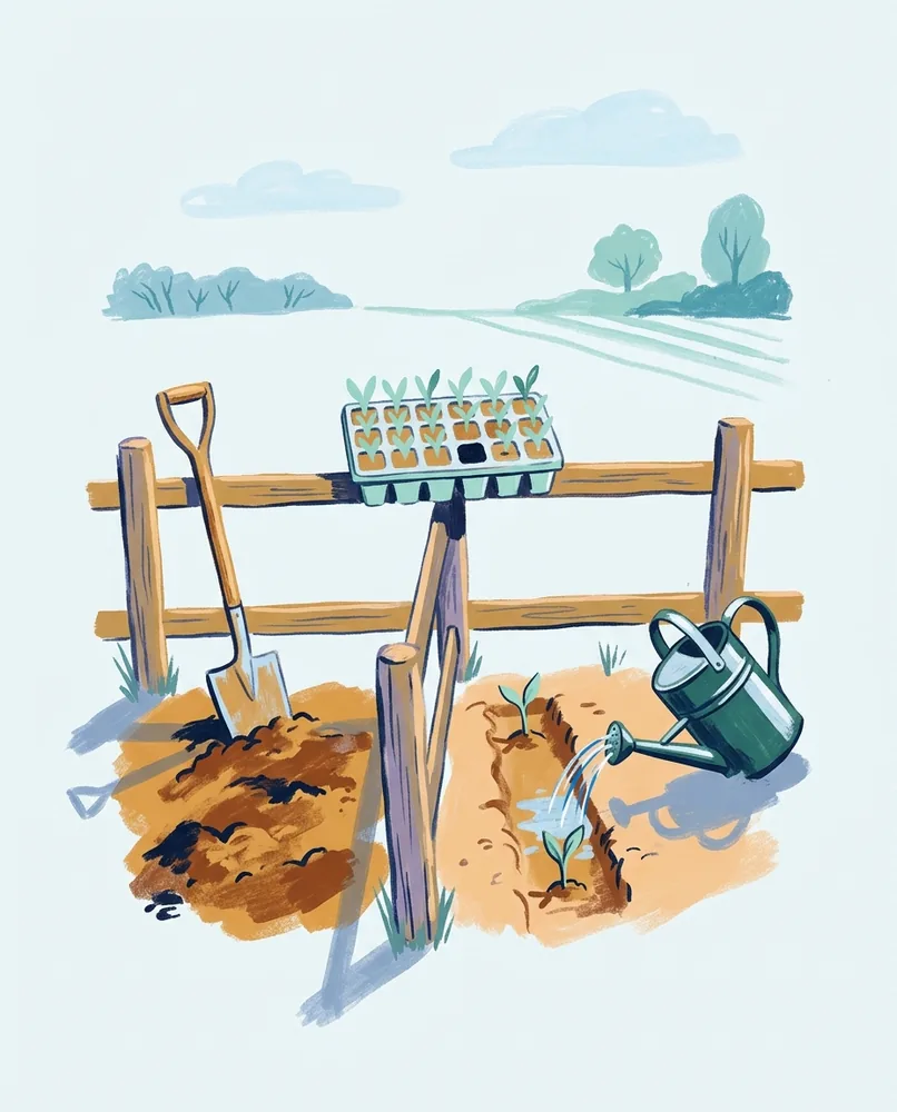 A tray of seedlings rests on a fence between two garden plots, with a standing spade, dug rows, and a tipped watering can.