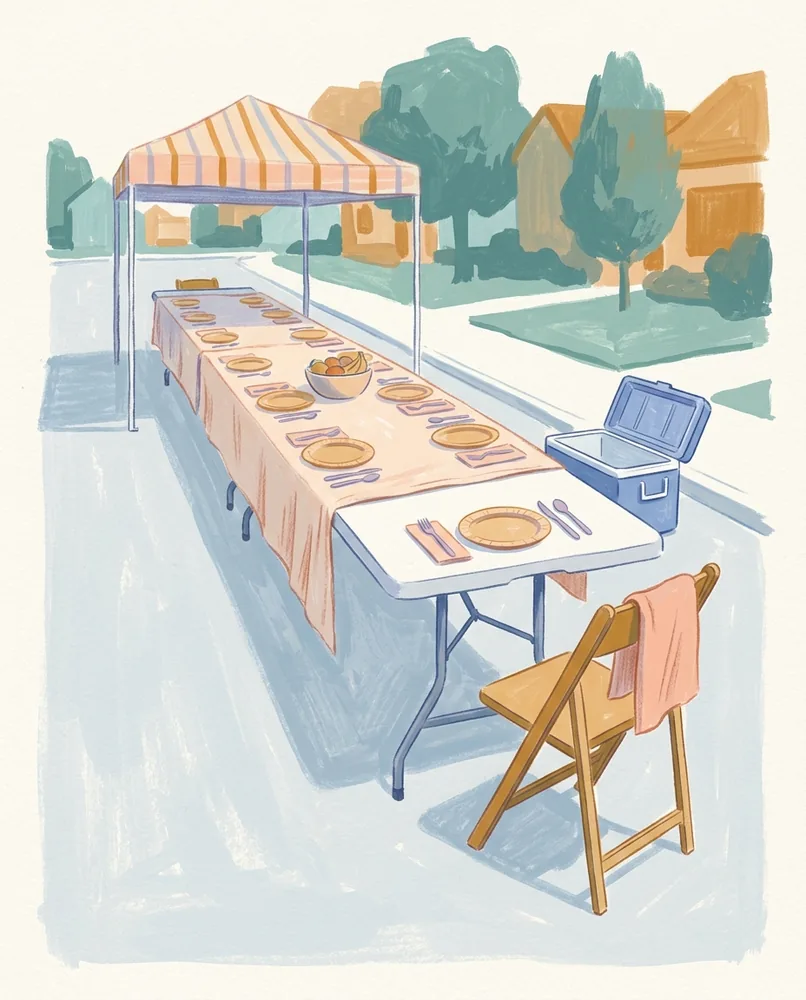 A folding table under a striped canopy holds plates, a bowl, and one newly set place beside an extra chair.