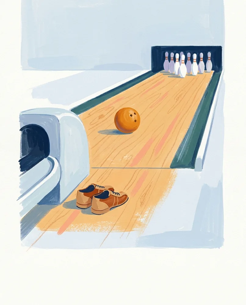A bowling ball rolls down a glossy lane toward waiting pins, with bowling shoes beside the ball return.