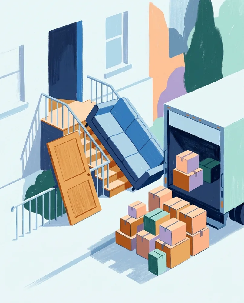 A couch rests halfway up the steps beside stacked boxes, an open truck, and a door leaned against the railing.