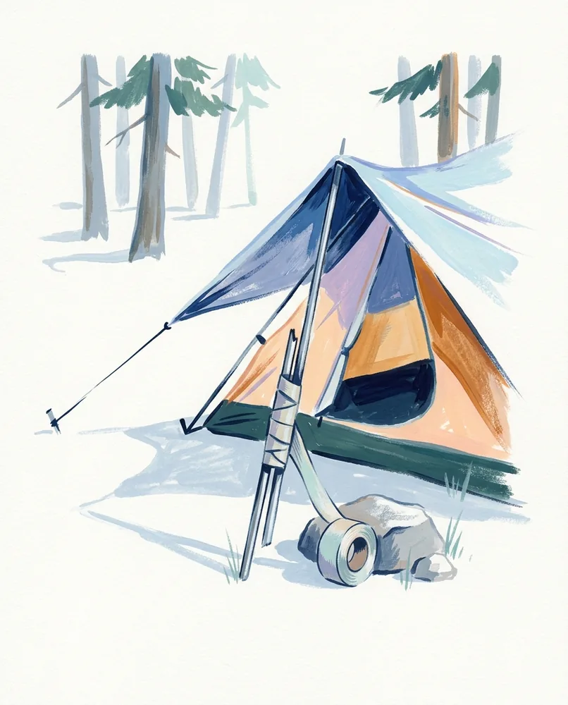 A taped metal stake splints a snapped tent pole beside a collapsed tent, whose rain fly pulls sideways in the wind.