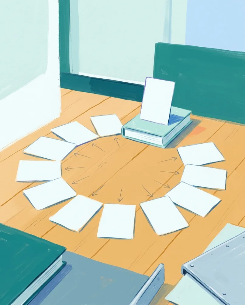 Blank cards form a loose ring on a floorboard, with one raised on a book and an open gap beside it.