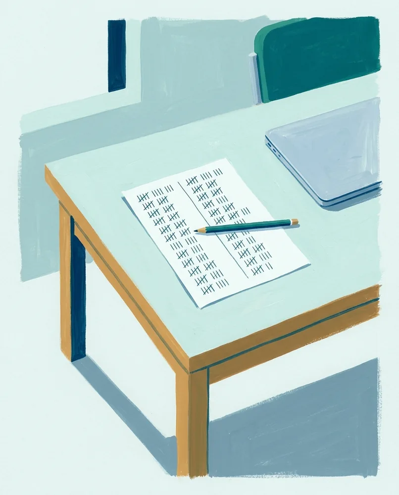 A printout with two columns of tally marks lies on a library table, with a pencil where they stop matching and a closed laptop.