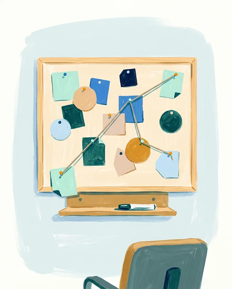 Painted paper shapes cover a wall board, linked by string, with a marker in the tray and a chair back below.