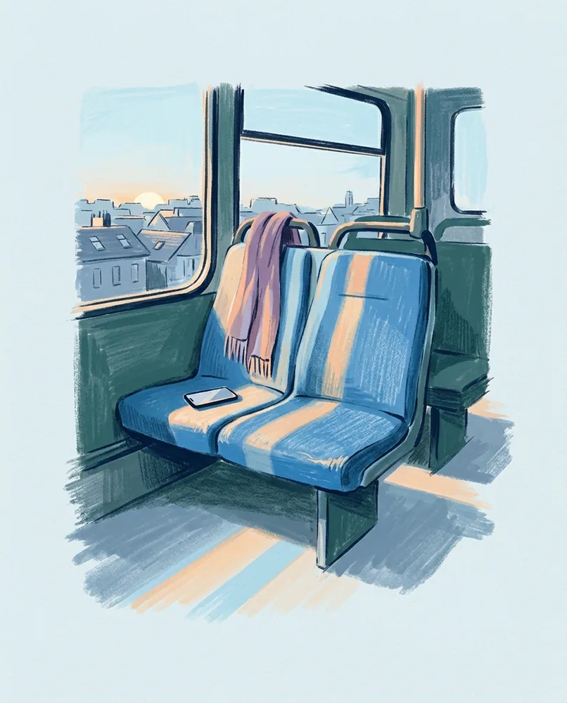 A phone and scarf rest on a bus seat as early sunlight crosses the vinyl and rooftops pass beyond the window.