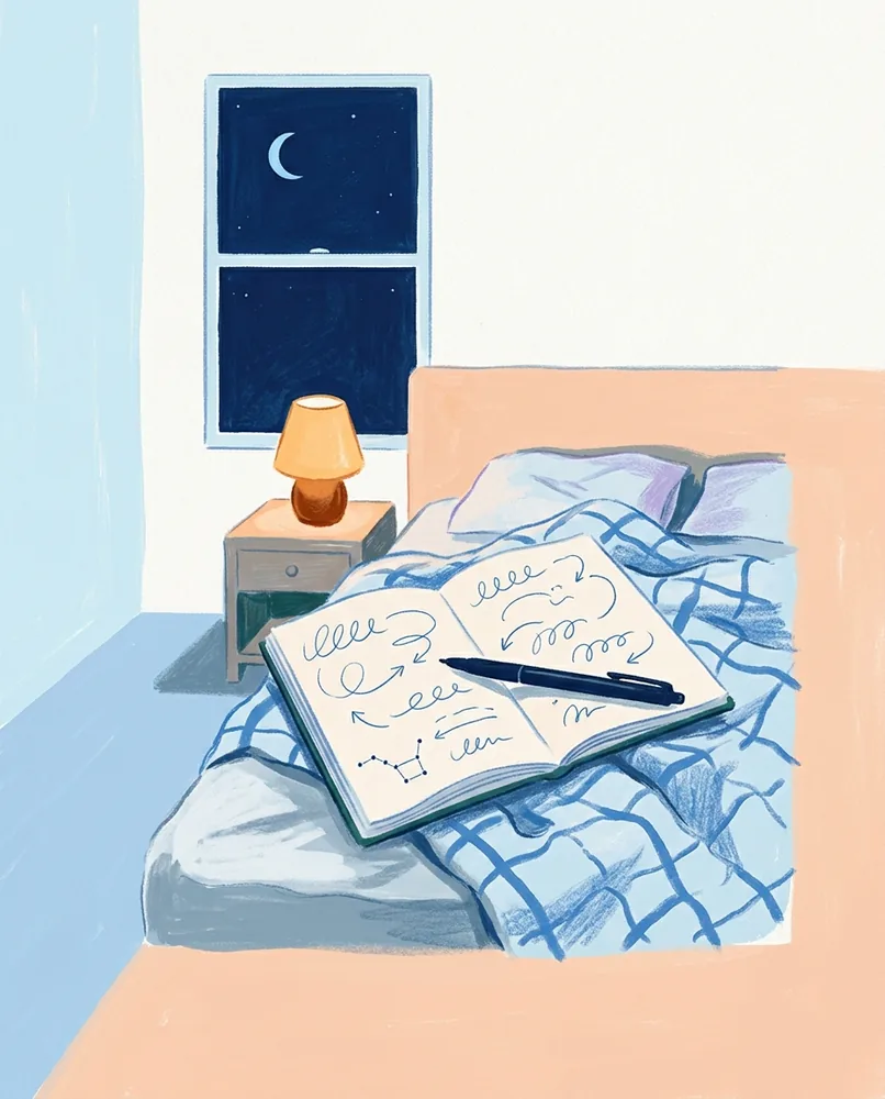 An open notebook covered in loops and arrows lies on a rumpled bed beside a pen and a lit lamp, beneath a crescent moon.
