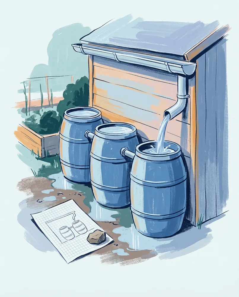 Three rain barrels connect by pipe beside a shed, while water pours into one and graph paper rests on the wet path.