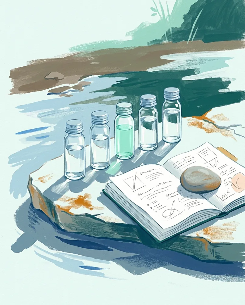 Five glass vials stand on a rock beside a stream, with the third a different color and an open notebook nearby.