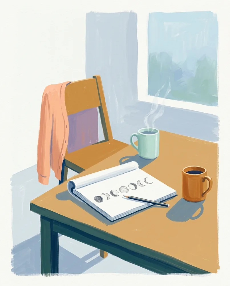 An open notepad with penciled moon phases lies on a kitchen table between two mugs, one steaming beside a pushed-back chair.