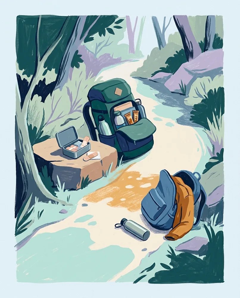 An open backpack and first-aid tin rest beside a smaller fallen pack, loose bottle, jacket, and trail through sunlit shade.