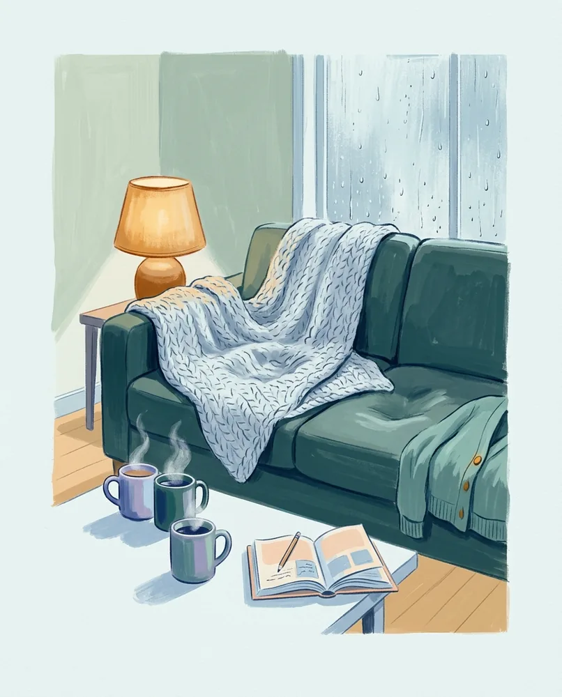 A knitted blanket covers dented couch cushions beside a lit lamp, two steaming mugs, an open book, and a rain-streaked window.