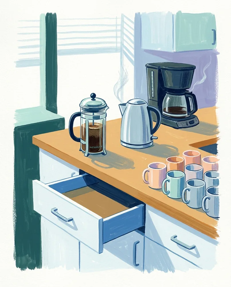 A coffee press steeps beside a steaming kettle and empty mugs on an office kitchen counter, with an old coffee maker behind.