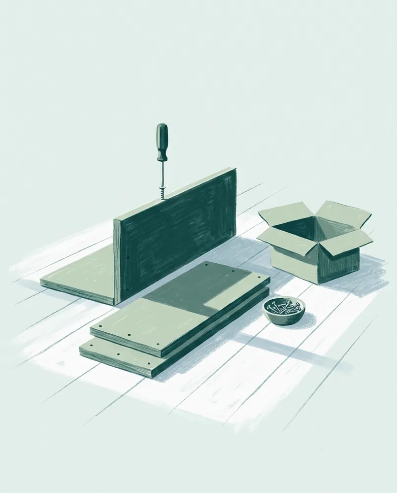 Shelf panels, a screwdriver, screws, and an open box lie across a sunny wooden floor, crossed by a long window shadow.