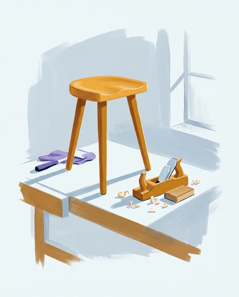 A finished three-legged stool stands on a workbench beside a sanding block, wood shavings, and a plane in low side light.