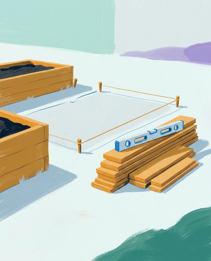 A filled raised garden bed sits beside bare soil marked with pegs and string, stacked planks, and a spirit level.