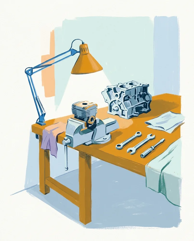 A small engine part sits in a bench vise beneath a work lamp, with an opened engine block and three tools behind it.