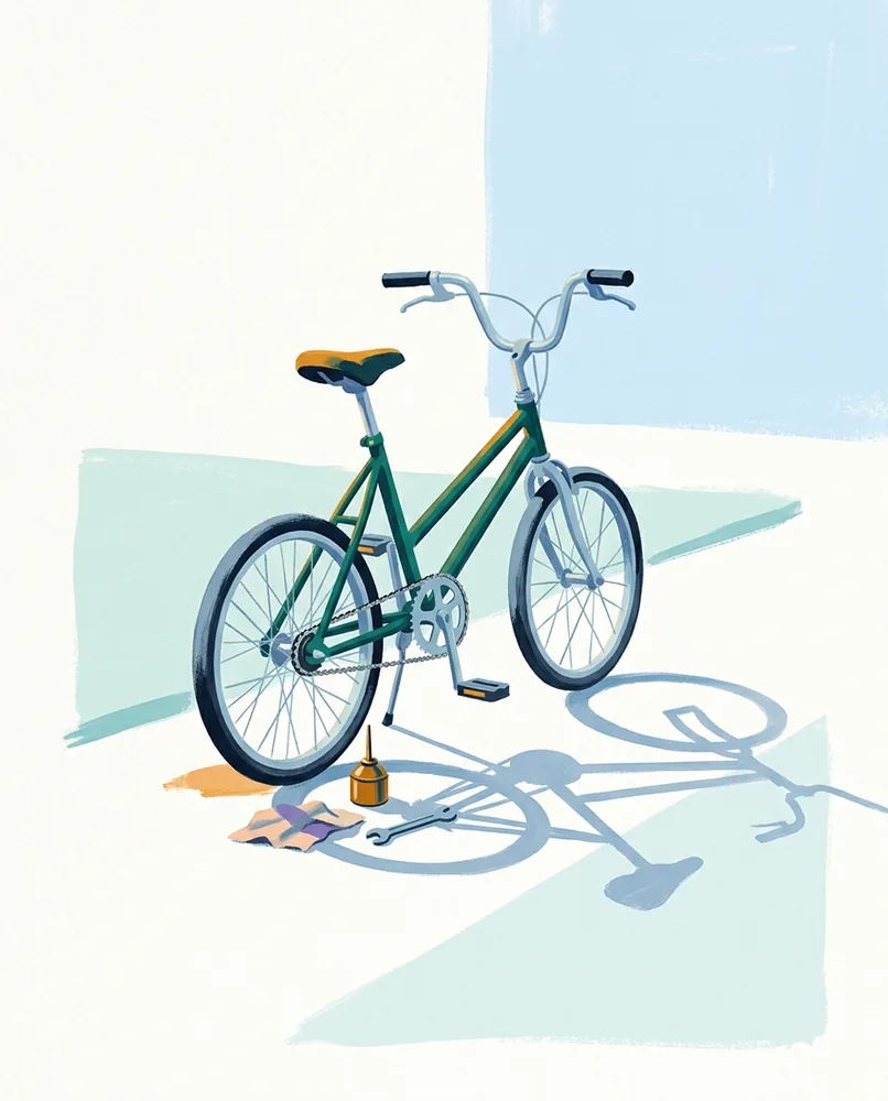 A small bicycle stands on a suburban path beside an oil can, a rag, and a spanner near its back wheel.