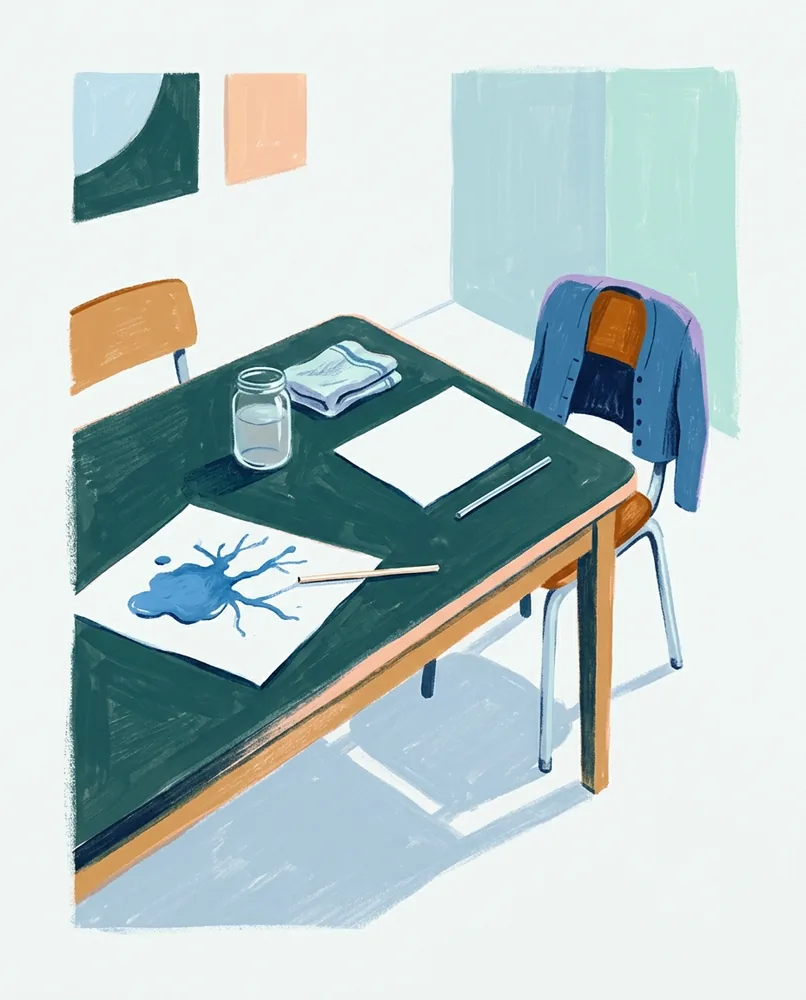 A branching blue paint mark spreads across paper beside two straws, a cloudy water jar, and a cloth on a kitchen table.