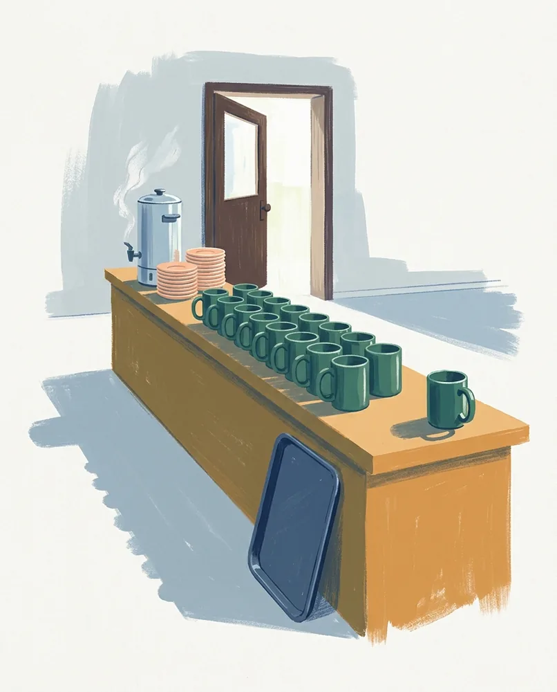 A row of mugs lines a hall counter, with one handle turned aside, a steaming coffee urn, and an open door.