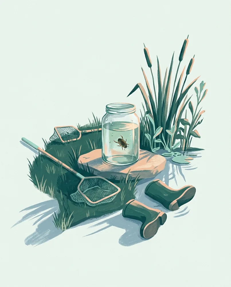 A glass jar holding a water beetle stands on a stone beside two nets and overturned rubber boots at a pond.