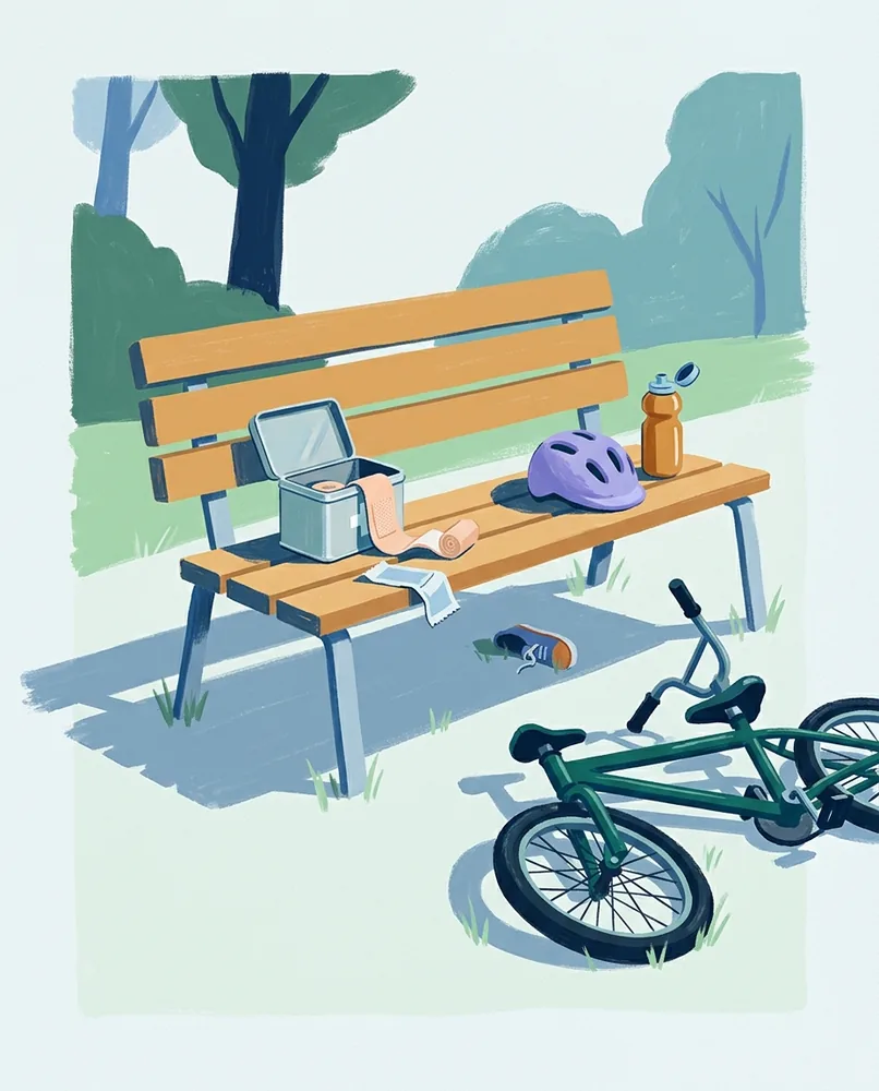 An open first-aid tin, a half-unwound bandage, and a tipped-over child's bicycle lie beside a park bench.