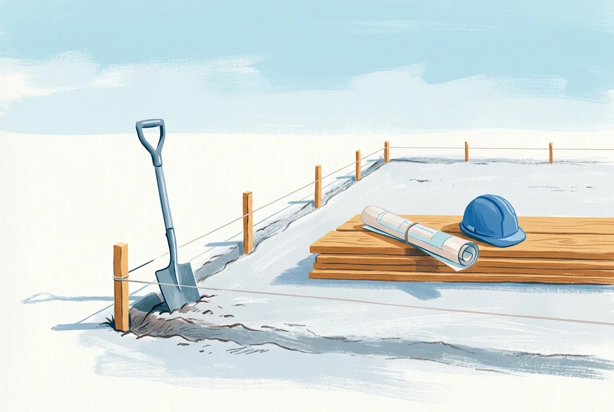 A leveled building plot has taut string between wooden stakes, a spade, new timber, and a rolled drawing beneath a wide sky.
