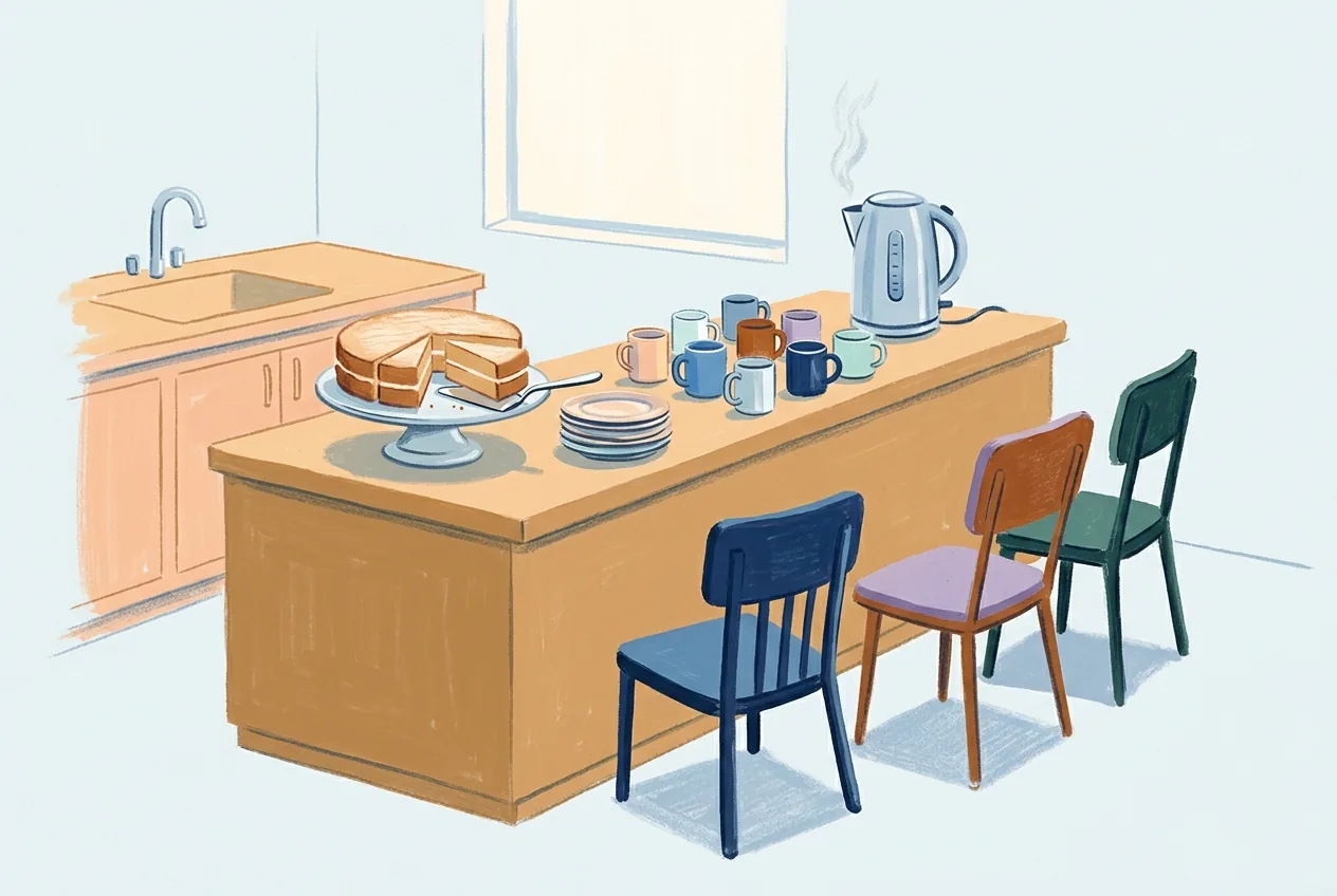 A steaming kettle, sliced cake, mismatched mugs, small plates, and three chairs fill a bright office kitchen.