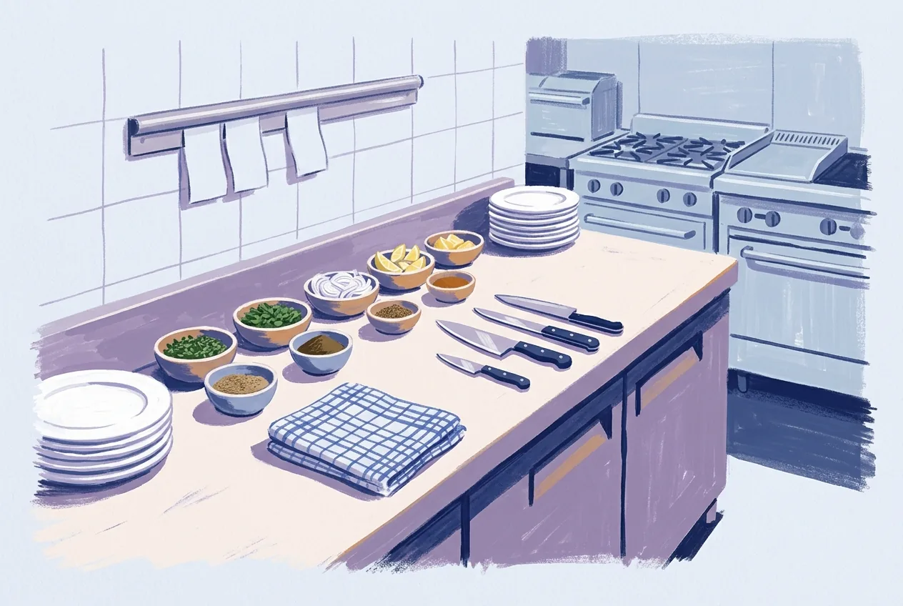 Four knives lie beside a folded blue checked cloth, with bowls of ingredients, clean plates, and three blank slips above.